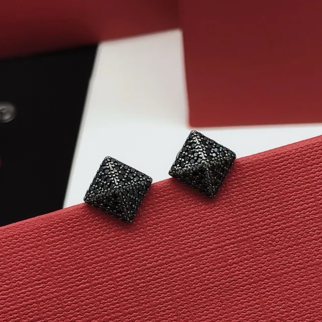 Valentino Rockstud Black Red Square Stud Pavé Stones Earrings 8