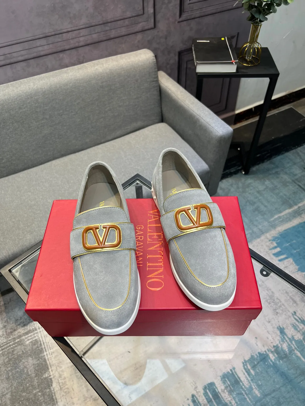 Valentino Rockstud ধূসর সাদা স্যুড অপর VLOGO বাকেল লোফার 5