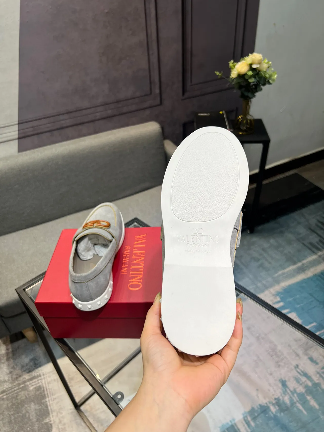 Valentino Rockstud ধূসর সাদা স্যুড অপর VLOGO বাকেল লোফার 9
