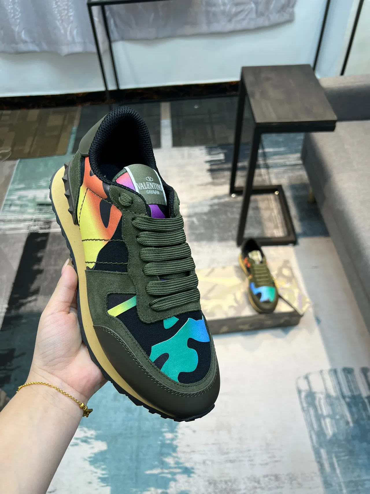 Valentino Rockstud Runner Olive Green Multicolor Lifestyle Sneakers 6