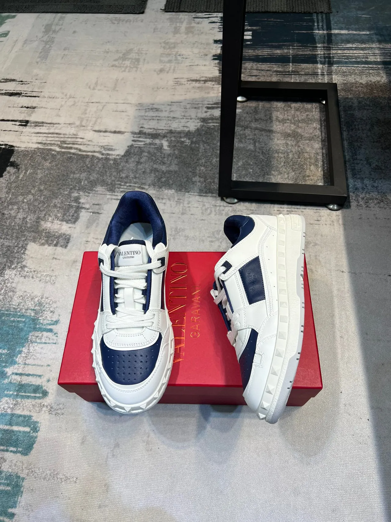 Valentino Rockstud White and Navy Leather Studded Lifestyle Sneakers 4
