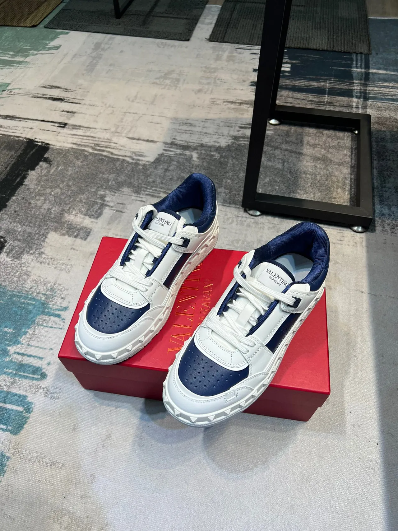 Valentino Rockstud White and Navy Leather Studded Lifestyle Sneakers 5