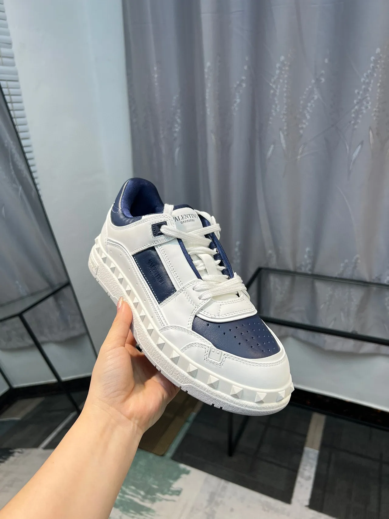 Valentino Rockstud White and Navy Leather Studded Lifestyle Sneakers 6