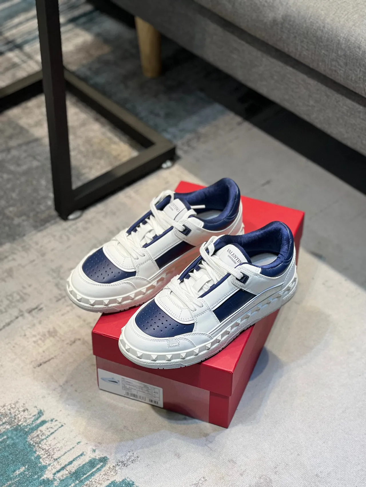 Valentino Rockstud White and Navy Leather Studded Lifestyle Sneakers 7