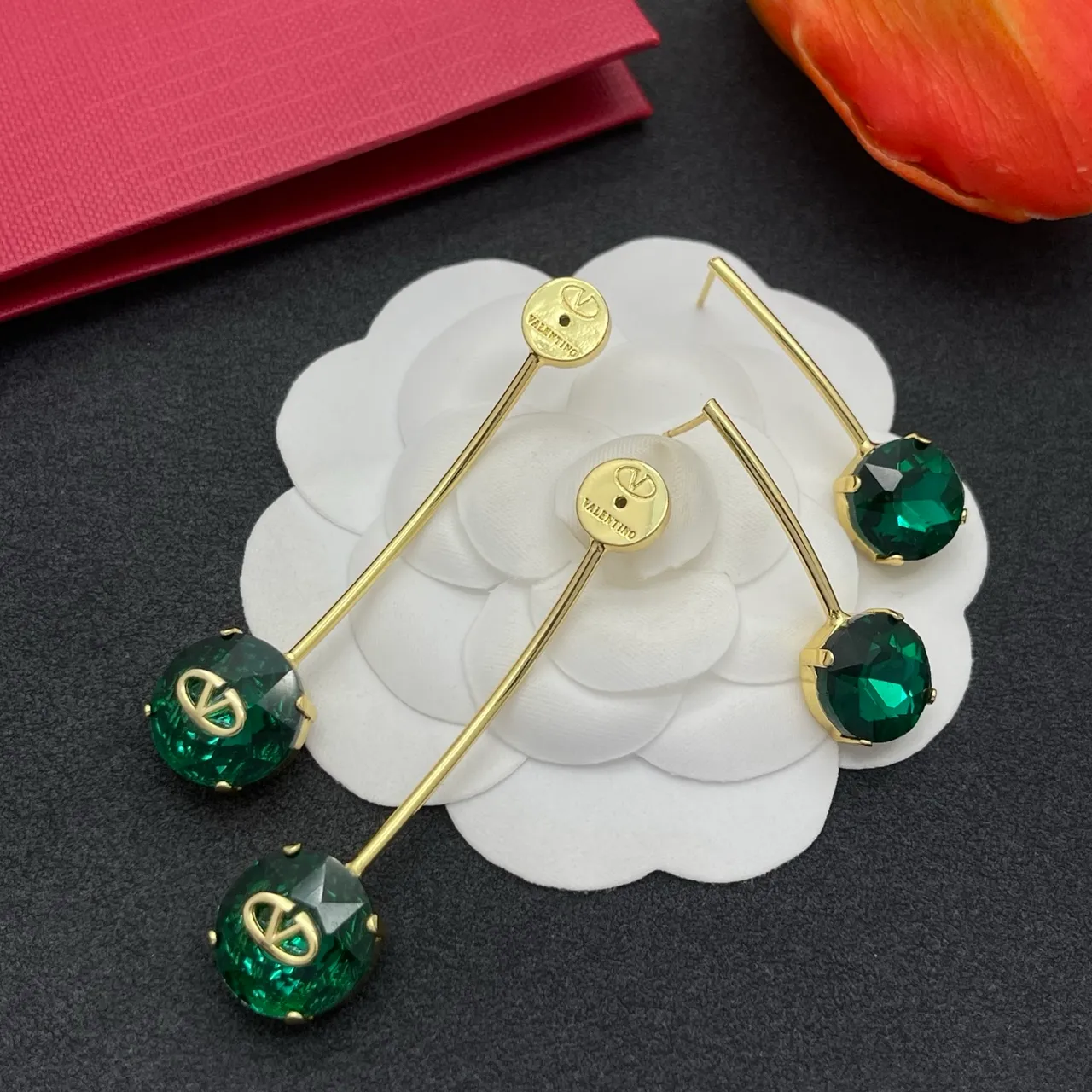 Valentino VLogo Boucles d'Oreilles Cristal Faceté Métal Or Vert 6