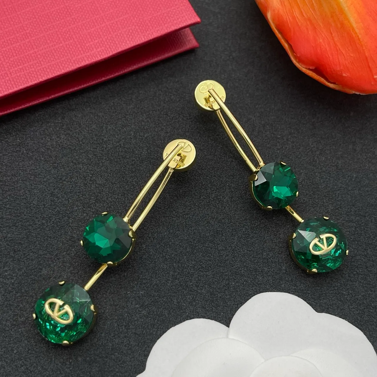Valentino VLogo Boucles d'Oreilles Cristal Faceté Métal Or Vert 8