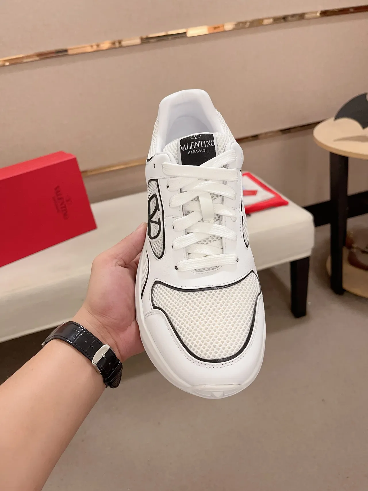 Valentino VLTN Branco Preto Malha E Couro Superior Sobreposição De Logotipo Tênis Lifestyle 5