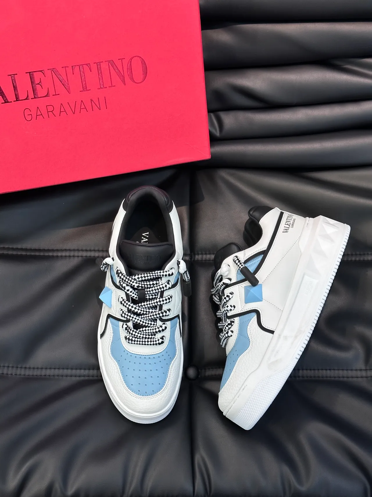 Valentino White Blue Geometric Pyramid Stud Checkered Laces Chunky Sneakers 4