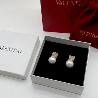 Valentino White Gold Pearl Drop Pavé Square Top Earrings