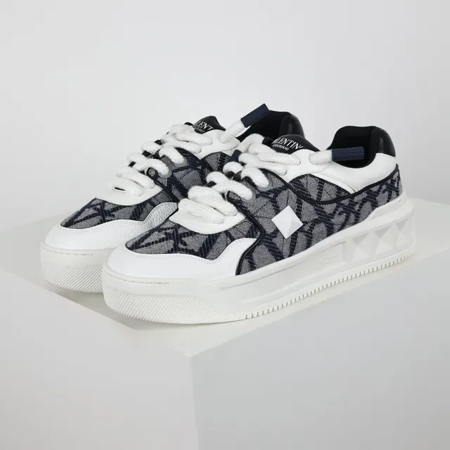 Valentino White Navy Geometric Midsole Monogrammed Textile Upper Lifestyle Sneakers 2