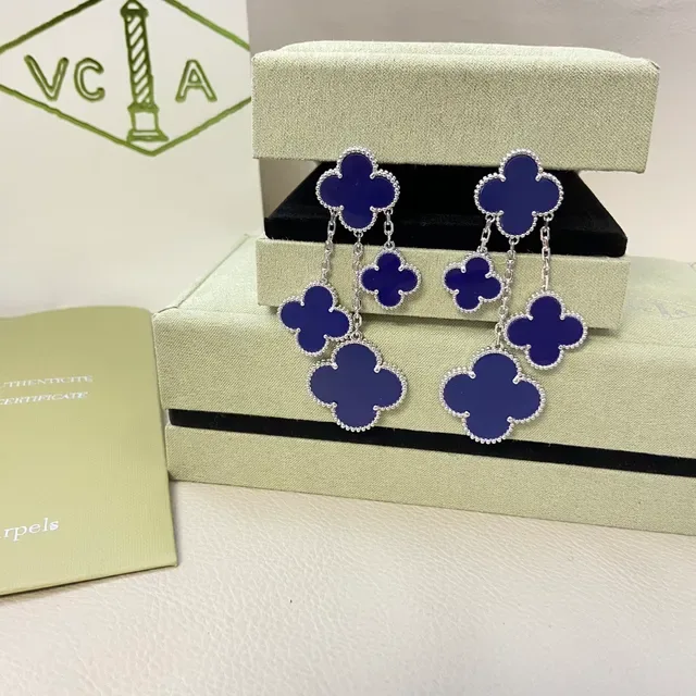 Van Cleef & Arpels Alhambra Blue Enamel Four-Leaf Clover Dangling Earrings 3
