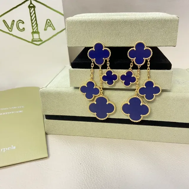 Van Cleef & Arpels Alhambra Blue Enamel Four-Leaf Clover Dangling Earrings 4