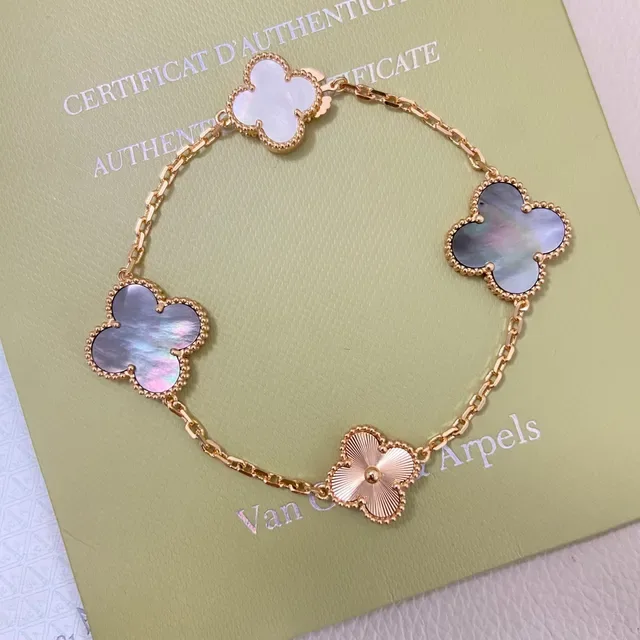 Van Cleef & Arpels Alhambra ذهب وفضة نمط أربعة أوراق نباتية إعداد حافة خرز سوار 4