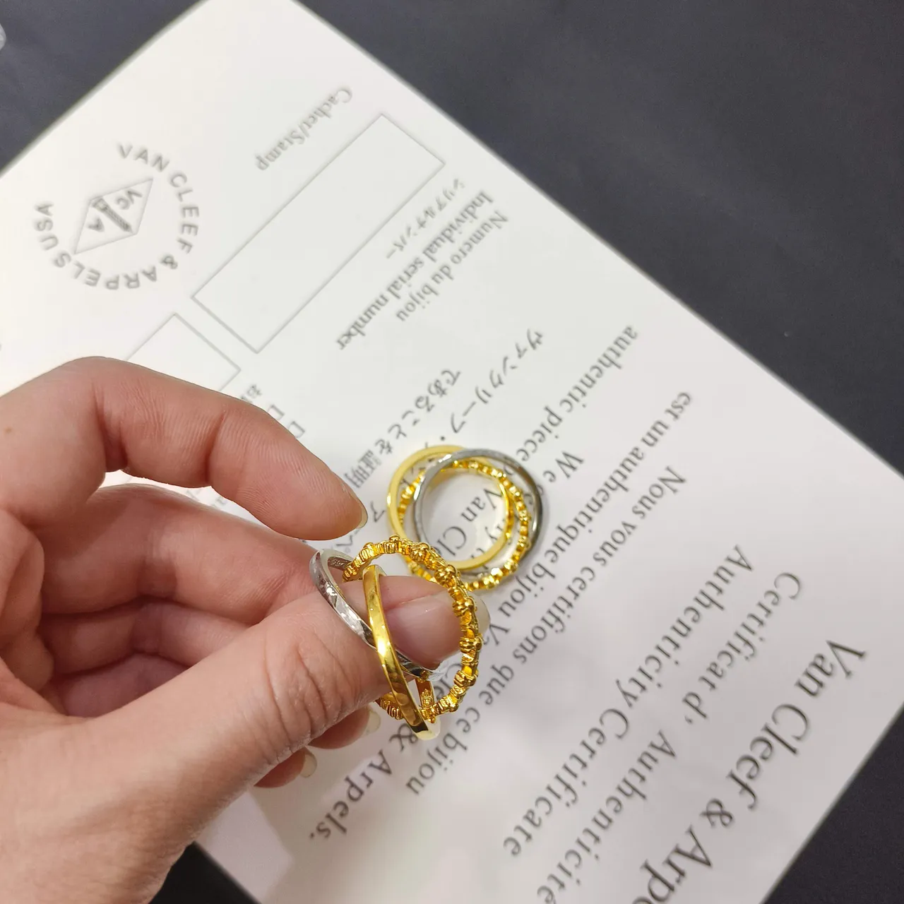 Van Cleef & Arpels Stacked Textured Two-Tone Gold and White Metal Rings 2