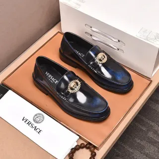 Versace Mocassim Cuir Patent Noir Doré Haut Brillo Médusa Boucle Médaille