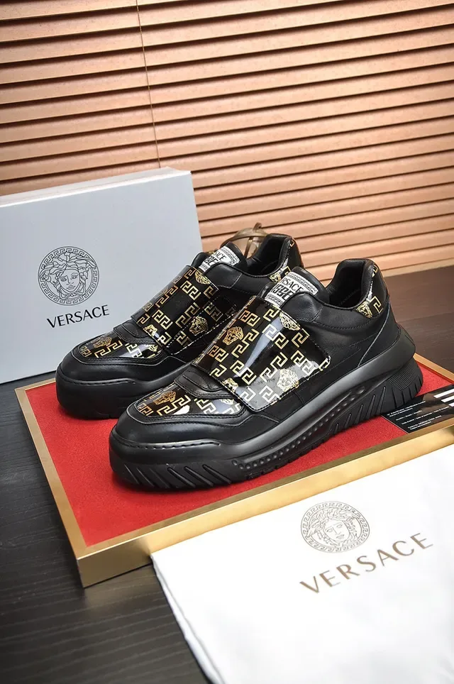 Versace Black Gold Laceless Slip-On Glossy Leather Lifestyle Sneakers 7