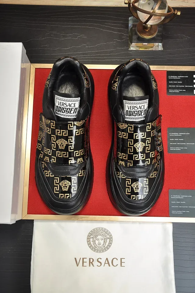 Versace Black Gold Laceless Slip-On Glossy Leather Lifestyle Sneakers 9