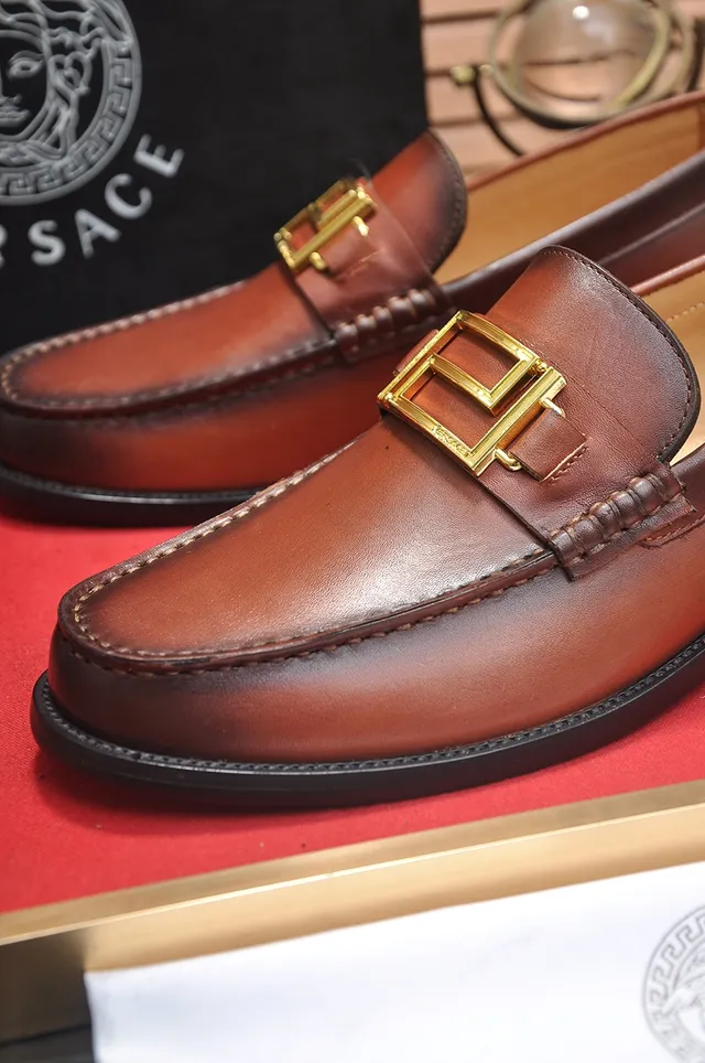 Versace Chain Reaction Brown Leather Buckle Loafers 2