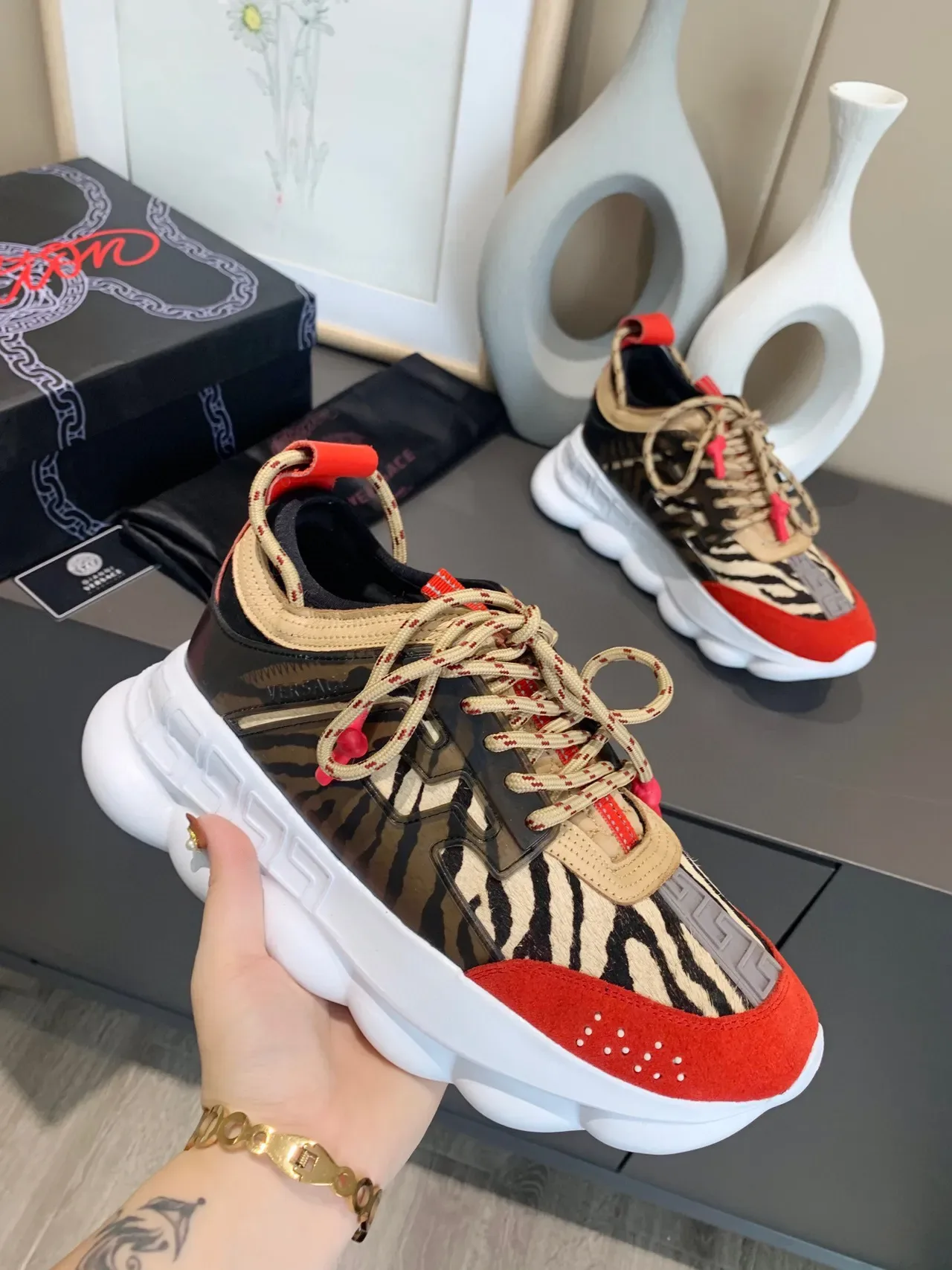 Versace Chain Reaction Zebra Print Red Chunky Sneakers 7