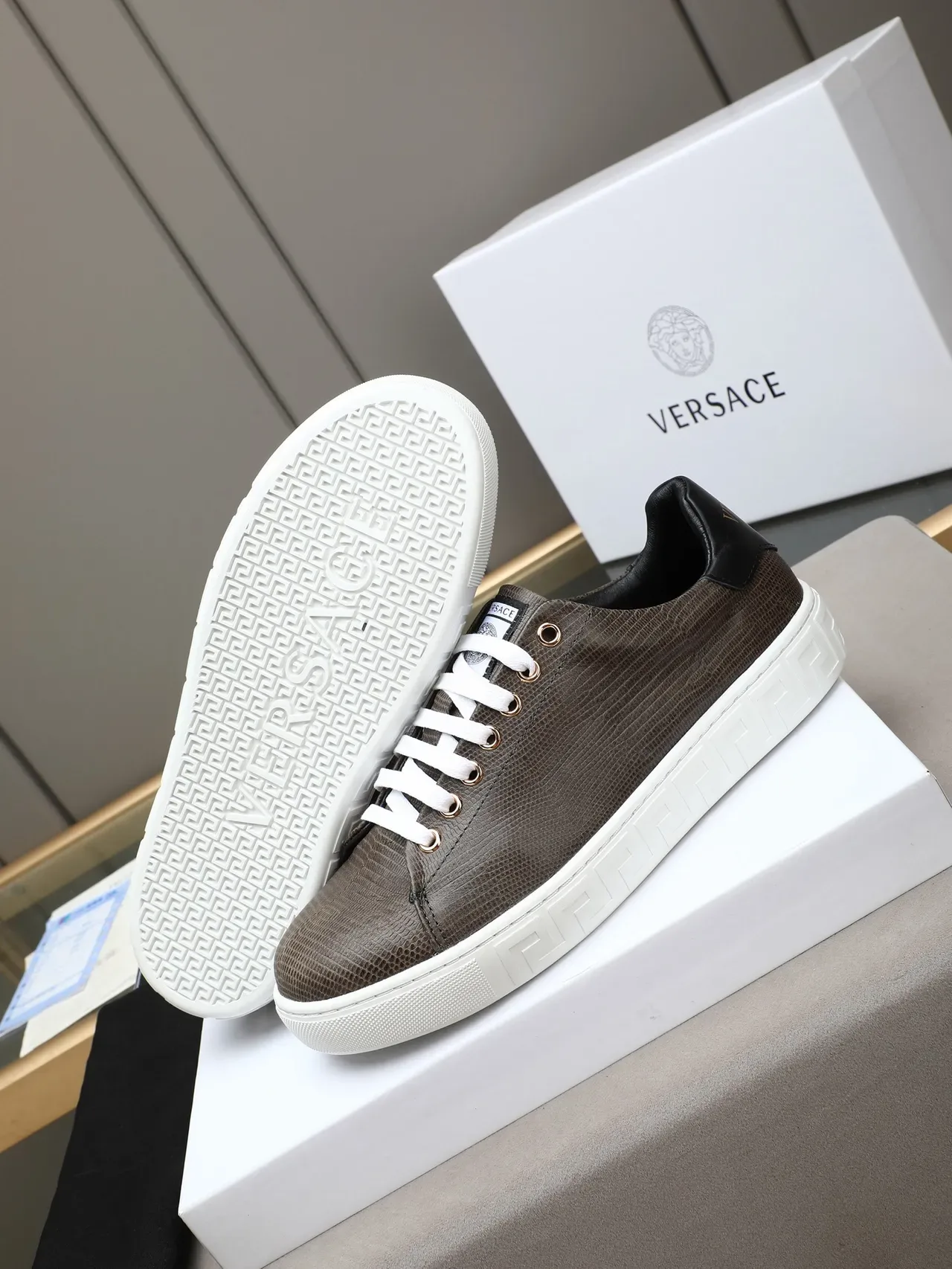 Versace Gray White Reptile-Textured Upper Greek Key Midsole Lifestyle Sneakers 4