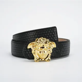 Versace Medusa Cinto Preto Dourado Texturizado Fivela Hexagonal Cinturão de Couro