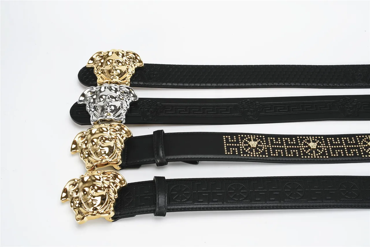 Versace Medusa Cinto Preto Dourado Texturizado Fivela Hexagonal Cinturão de Couro 2