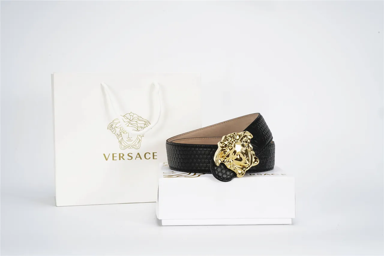 Versace Medusa Cinto Preto Dourado Texturizado Fivela Hexagonal Cinturão de Couro 4