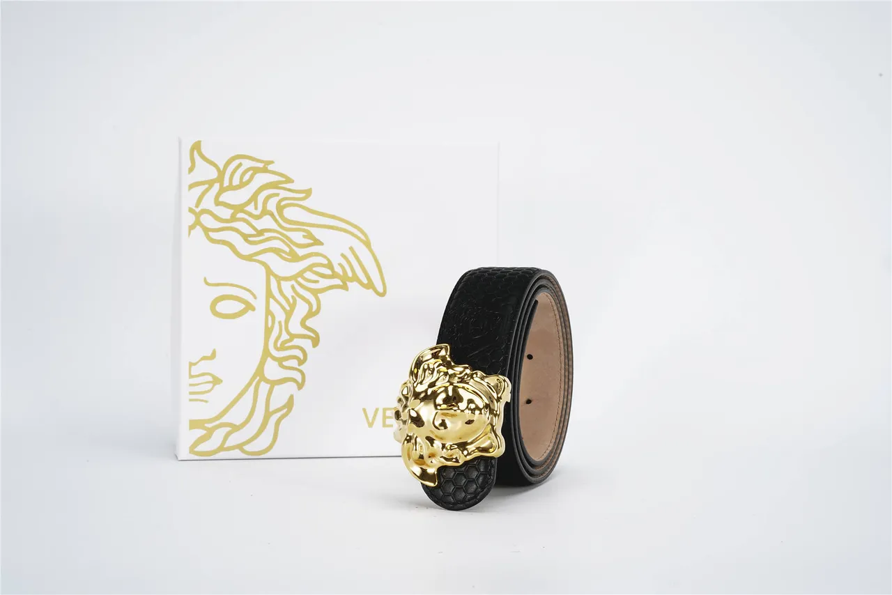 Versace Medusa Cinto Preto Dourado Texturizado Fivela Hexagonal Cinturão de Couro 5