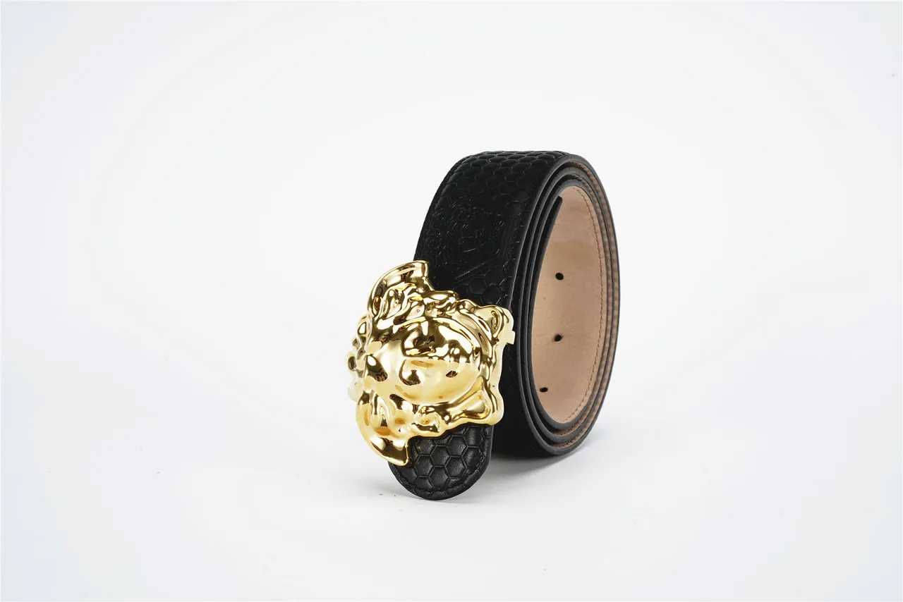 Versace Medusa Cinto Preto Dourado Texturizado Fivela Hexagonal Cinturão de Couro 6