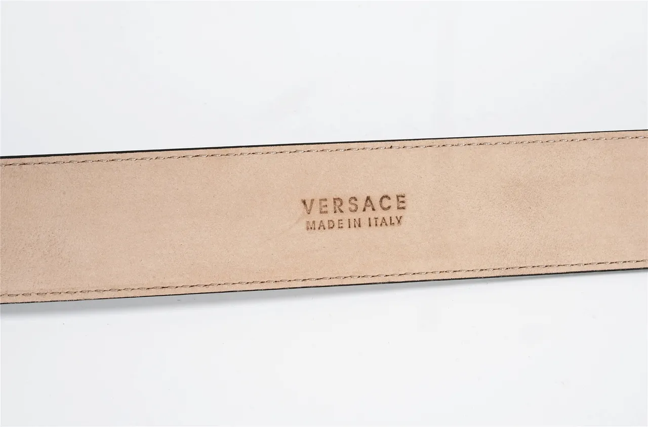 Versace Medusa Cinto Preto Dourado Texturizado Fivela Hexagonal Cinturão de Couro 7