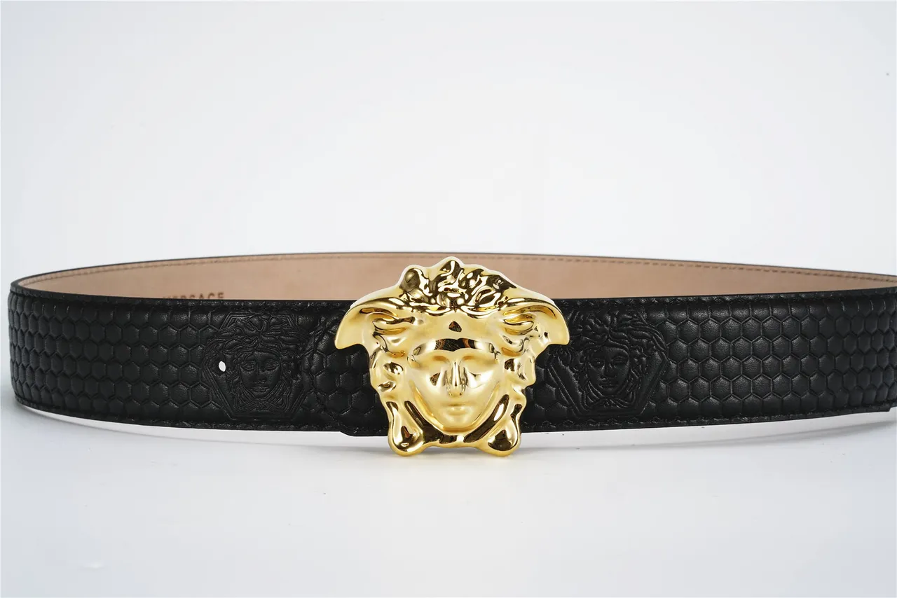 Versace Medusa Cinto Preto Dourado Texturizado Fivela Hexagonal Cinturão de Couro 8