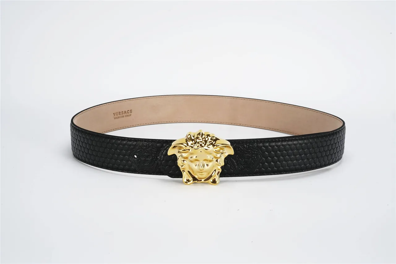 Versace Medusa Cinto Preto Dourado Texturizado Fivela Hexagonal Cinturão de Couro 9