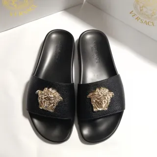 Versace Medusa Slide 黑色金色皮革拖鞋