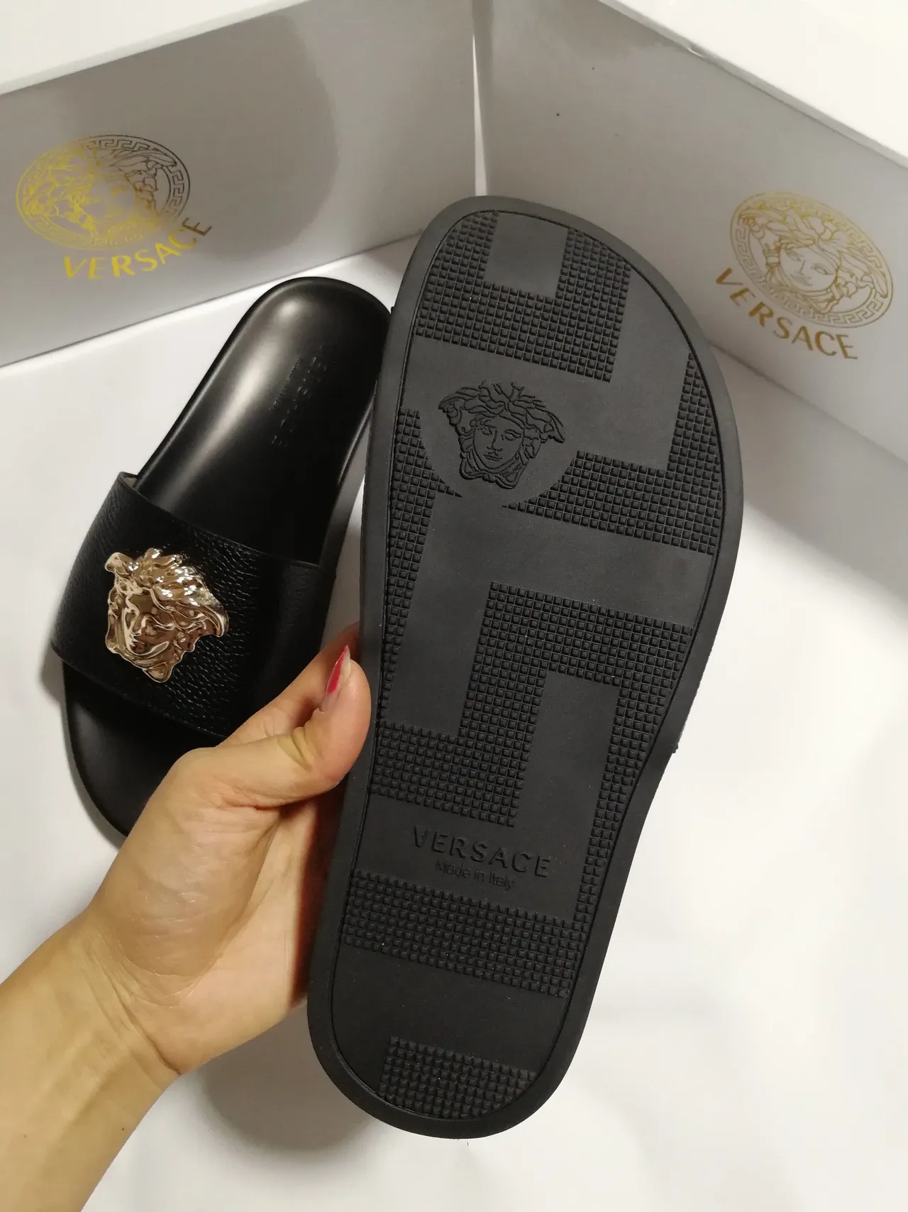 Versace Medusa Slide 黑色金色皮革拖鞋 2