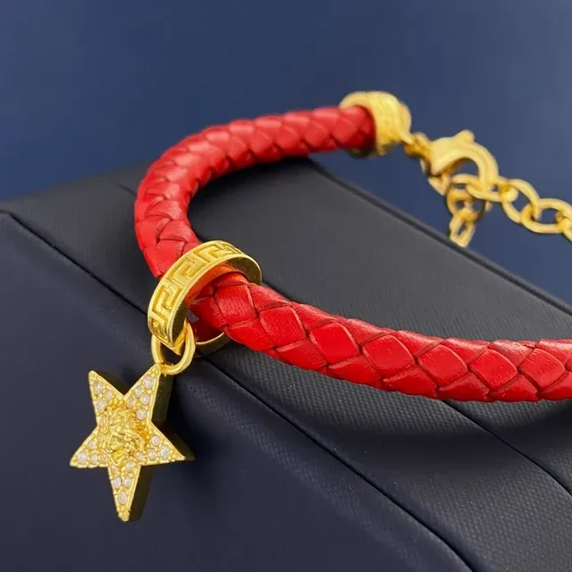 Versace Red Gold Braided Leather Metal Bracelet 5