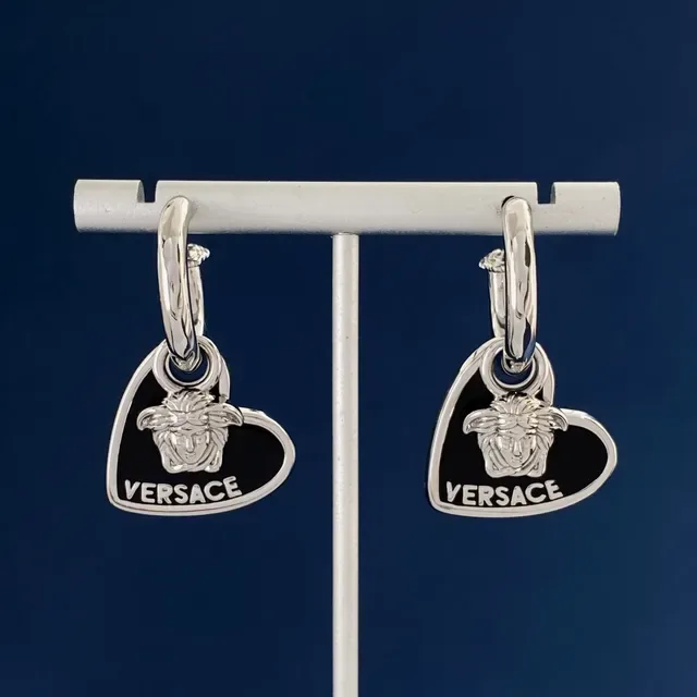 Versace Silver Black Heart-Shaped Enamel Earrings 5