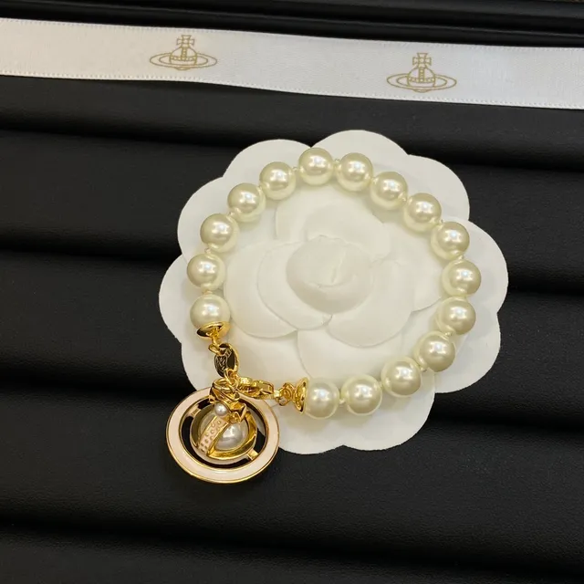 Vivienne Westwood Orb Bracelet Beige Pink Pearl-Strand Charm Bracelet 5