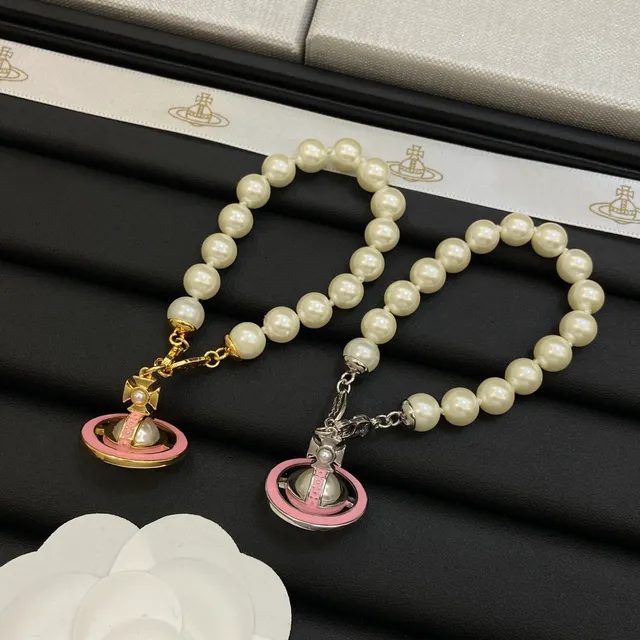 Vivienne Westwood Orb Bracelet Beige Pink Pearl-Strand Charm Bracelet 7