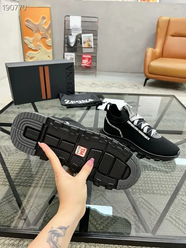 Zegna Black Gray Knit Sock-Collar Construction Integrated Strap Lacing Lifestyle Sneakers 3