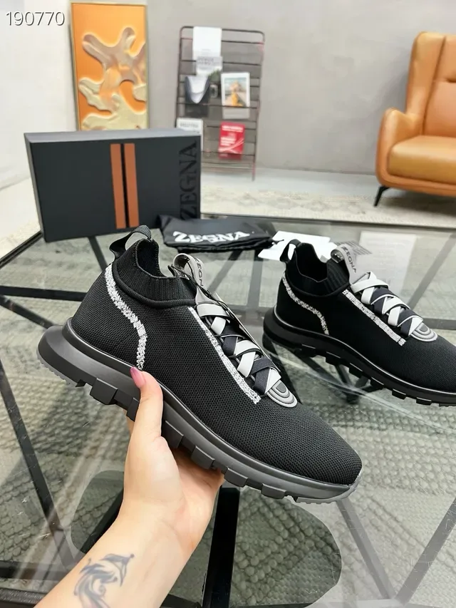 Zegna Black Gray Knit Sock-Collar Construction Integrated Strap Lacing Lifestyle Sneakers 5