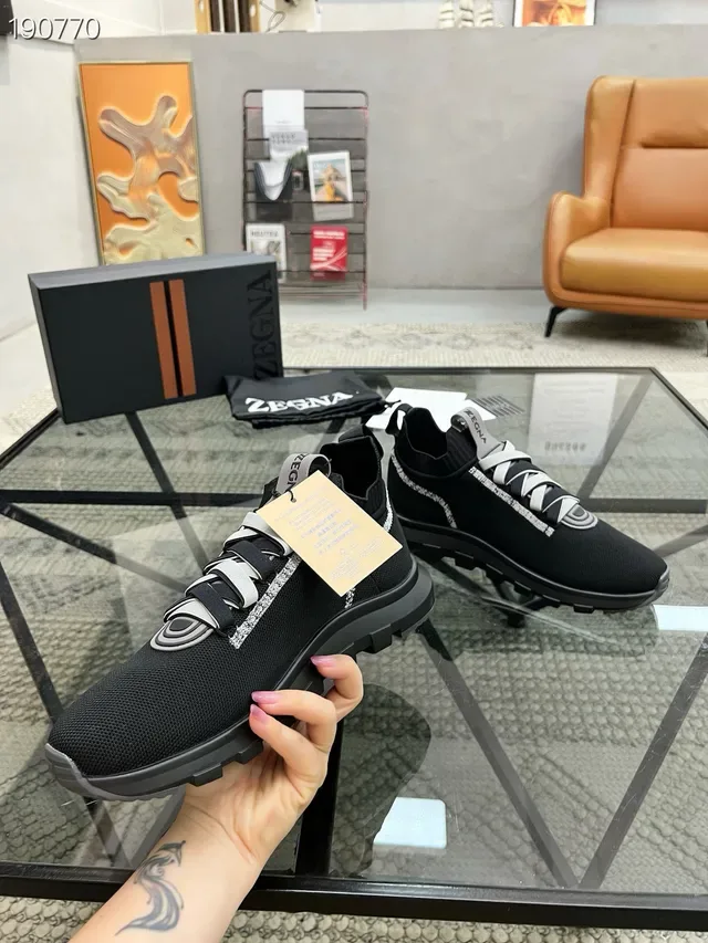 Zegna Black Gray Knit Sock-Collar Construction Integrated Strap Lacing Lifestyle Sneakers 8