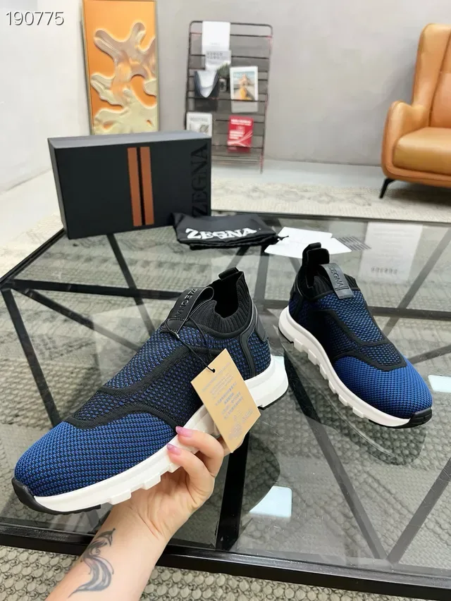 Zegna حذاء أسلوب حياة أزرق أسود بدون أربطة slip-on أعلى من الشبكة المحبوكة 6
