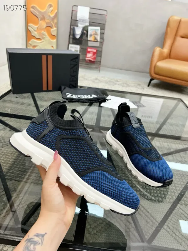 Zegna حذاء أسلوب حياة أزرق أسود بدون أربطة slip-on أعلى من الشبكة المحبوكة 8