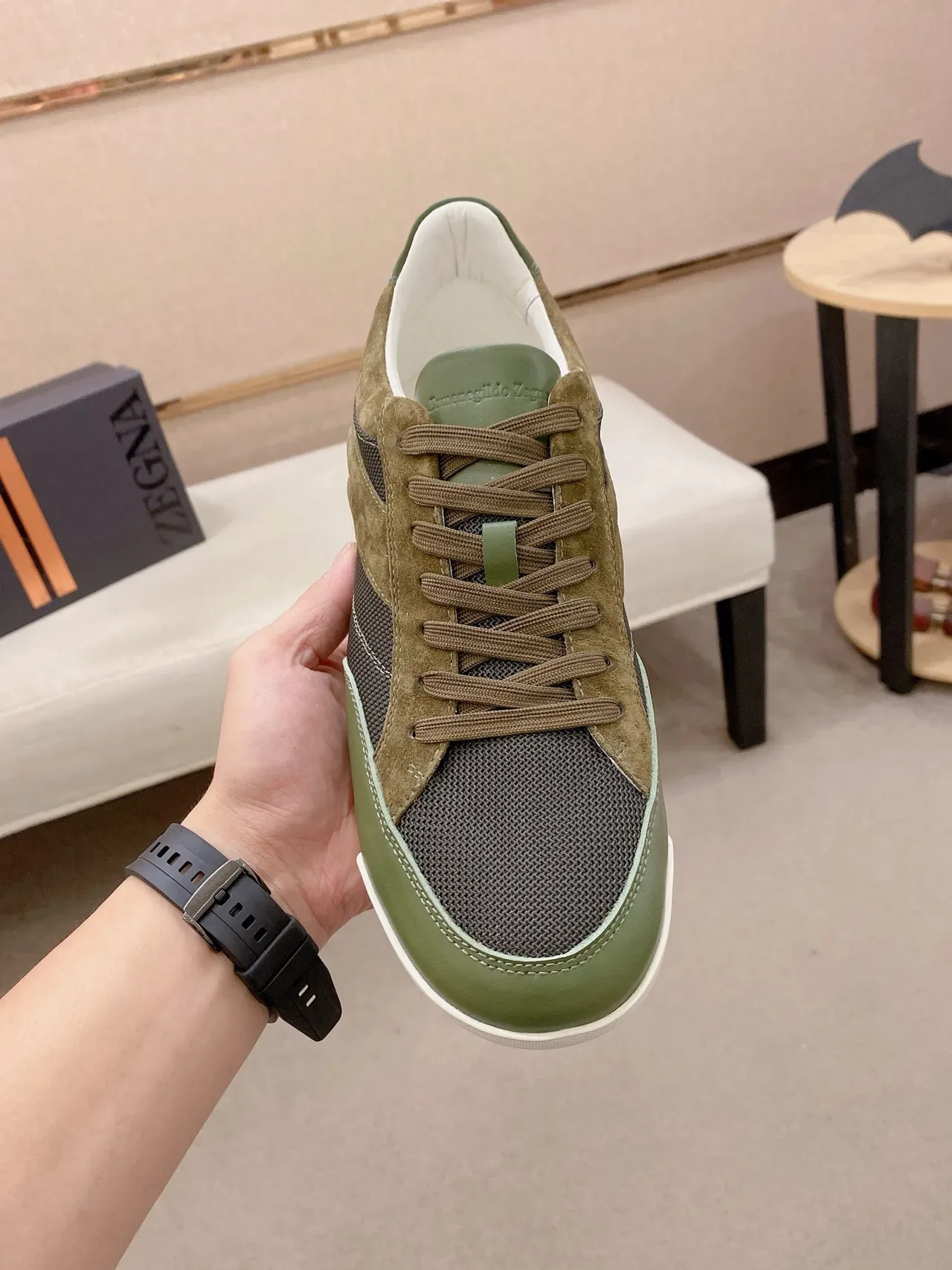 Zegna Olive Green and Taupe Mixed-Material Lifestyle Sneakers 2