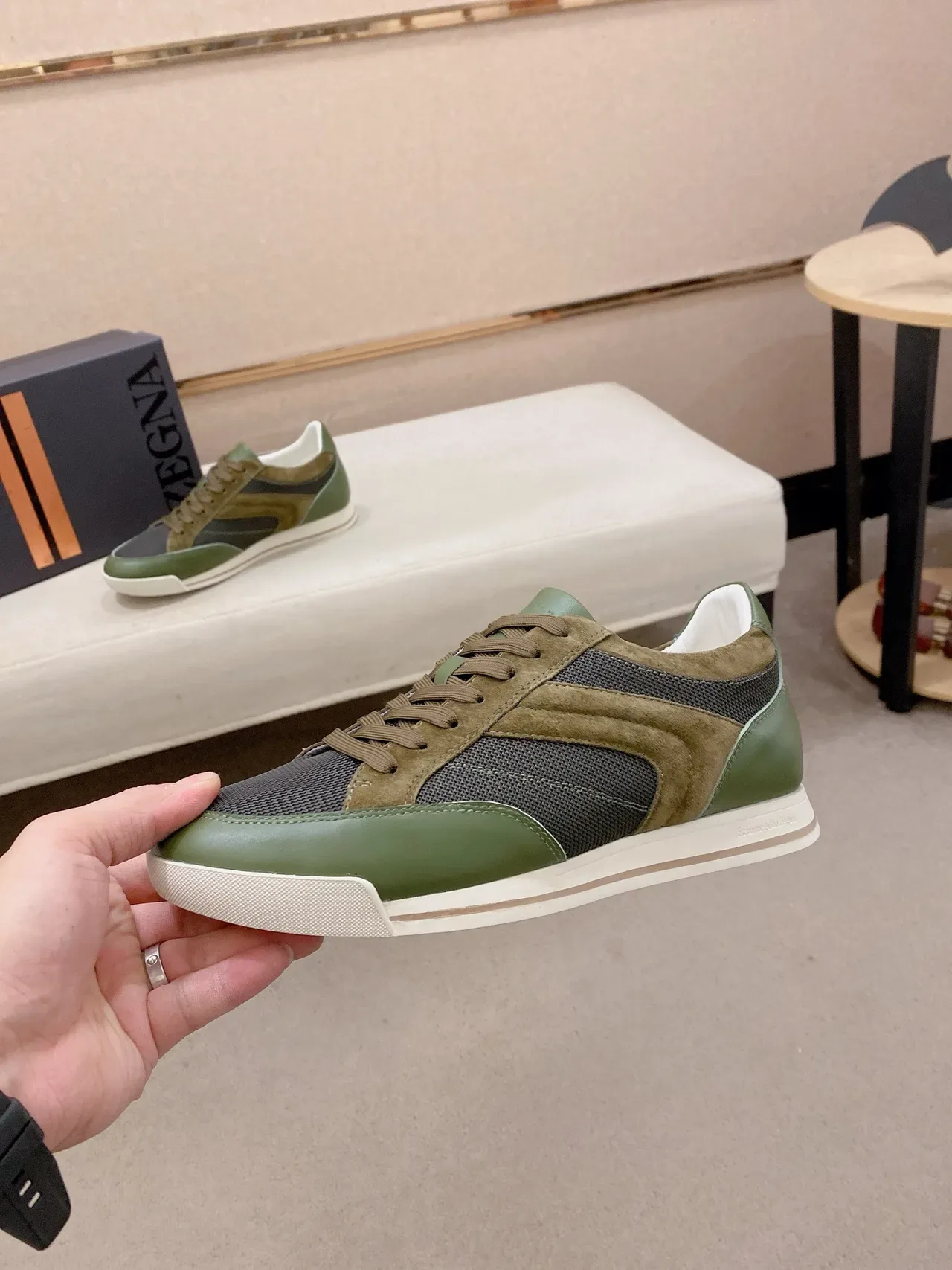 Zegna Olive Green and Taupe Mixed-Material Lifestyle Sneakers 3