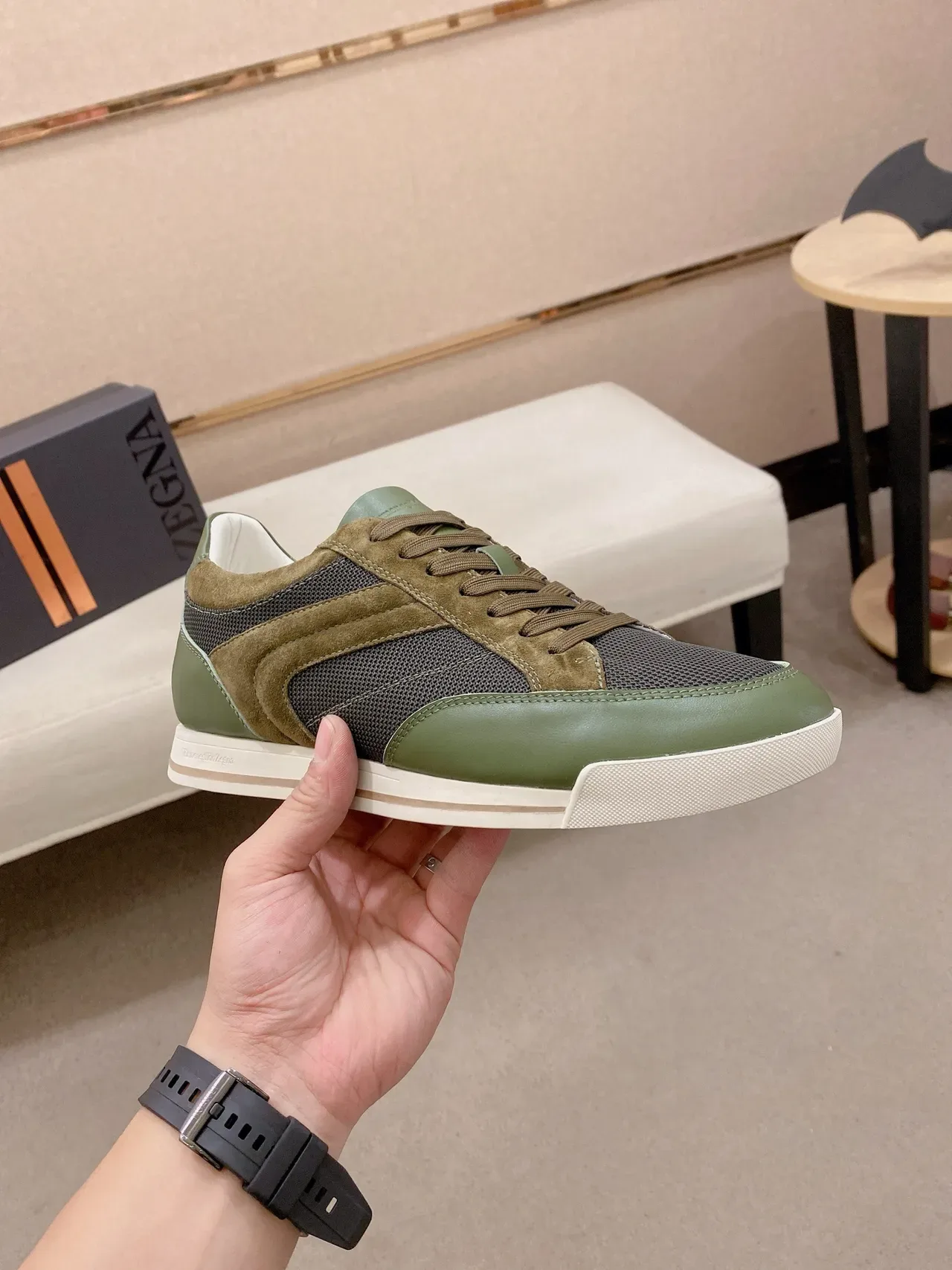Zegna Olive Green and Taupe Mixed-Material Lifestyle Sneakers 4