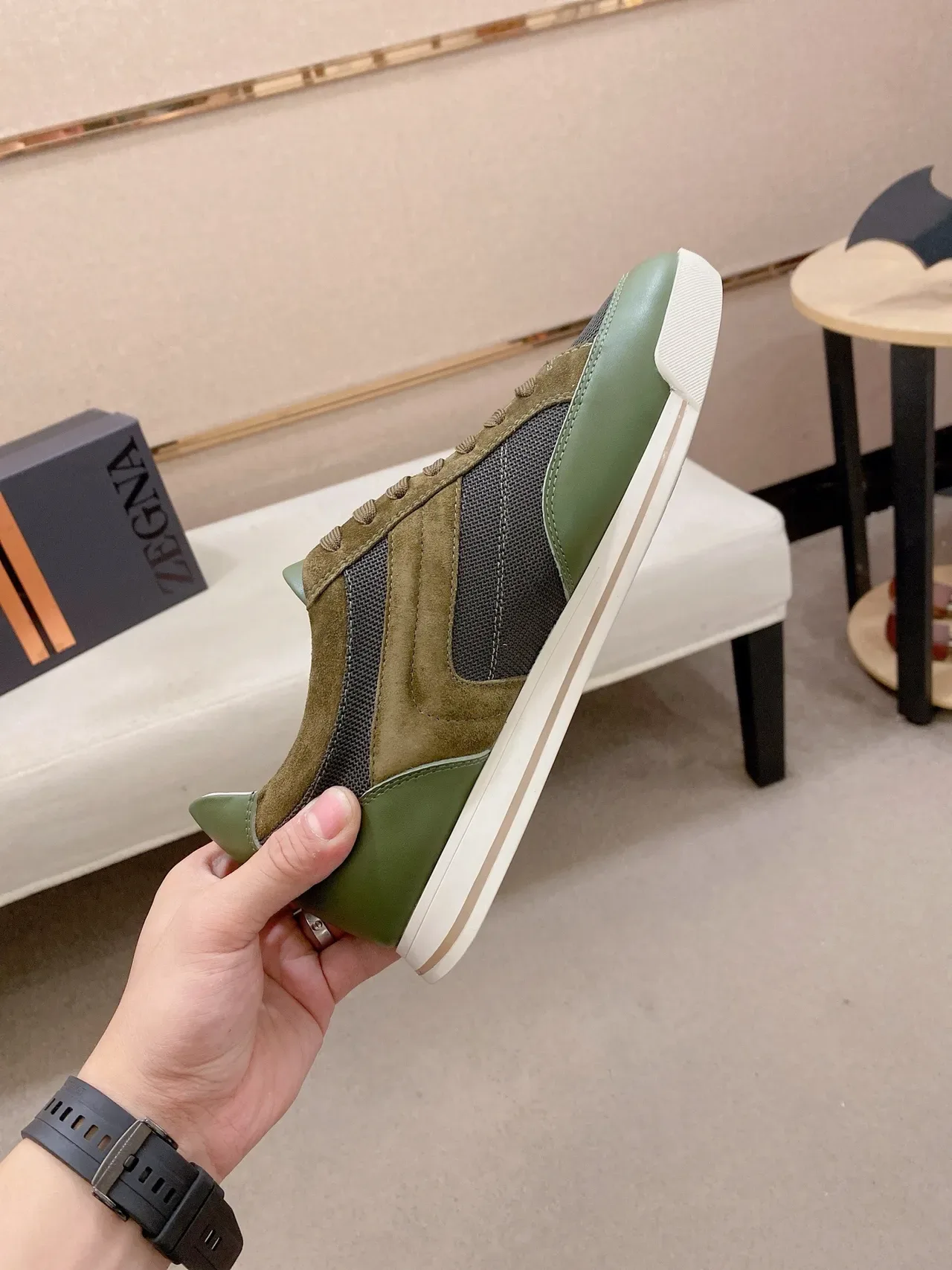 Zegna Olive Green and Taupe Mixed-Material Lifestyle Sneakers 5