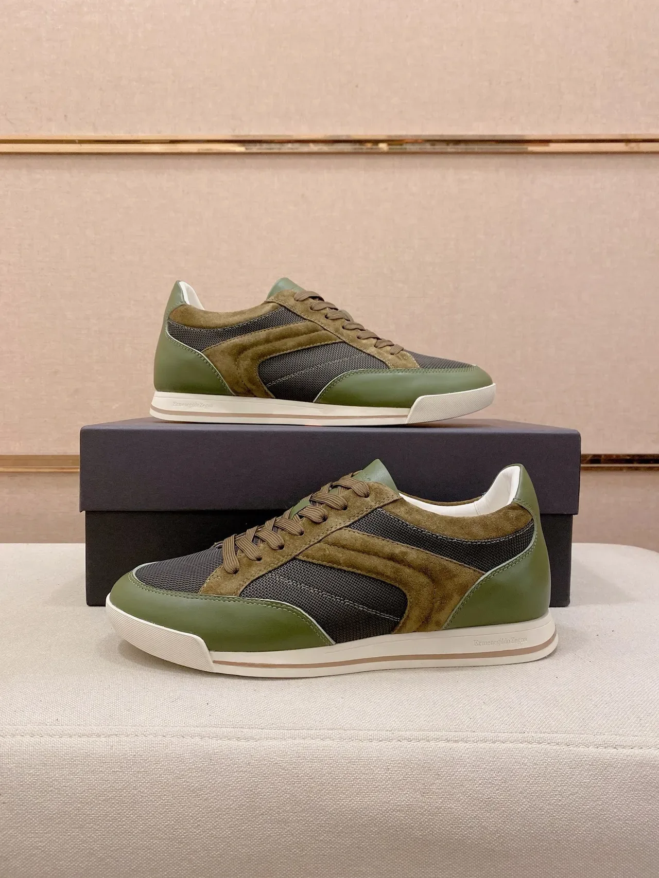 Zegna Olive Green and Taupe Mixed-Material Lifestyle Sneakers 8