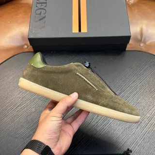 Zegna Olive Green Suede Zipper Slip-On Lifestyle Sneaker