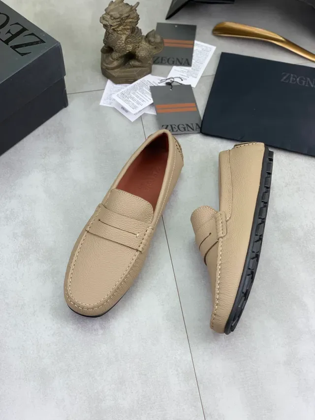 Zegna Penny Loafer Beige Pebbled Leather Loafers 5